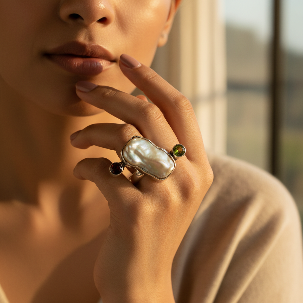 Anillo de plata con perla, granate y peridoto para mujer | Joyería con estilo