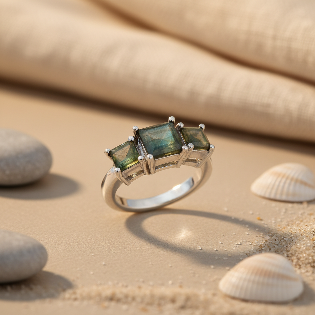 Silver 3 Stone Green Gemstone Ring for Women | Gift Jewelry