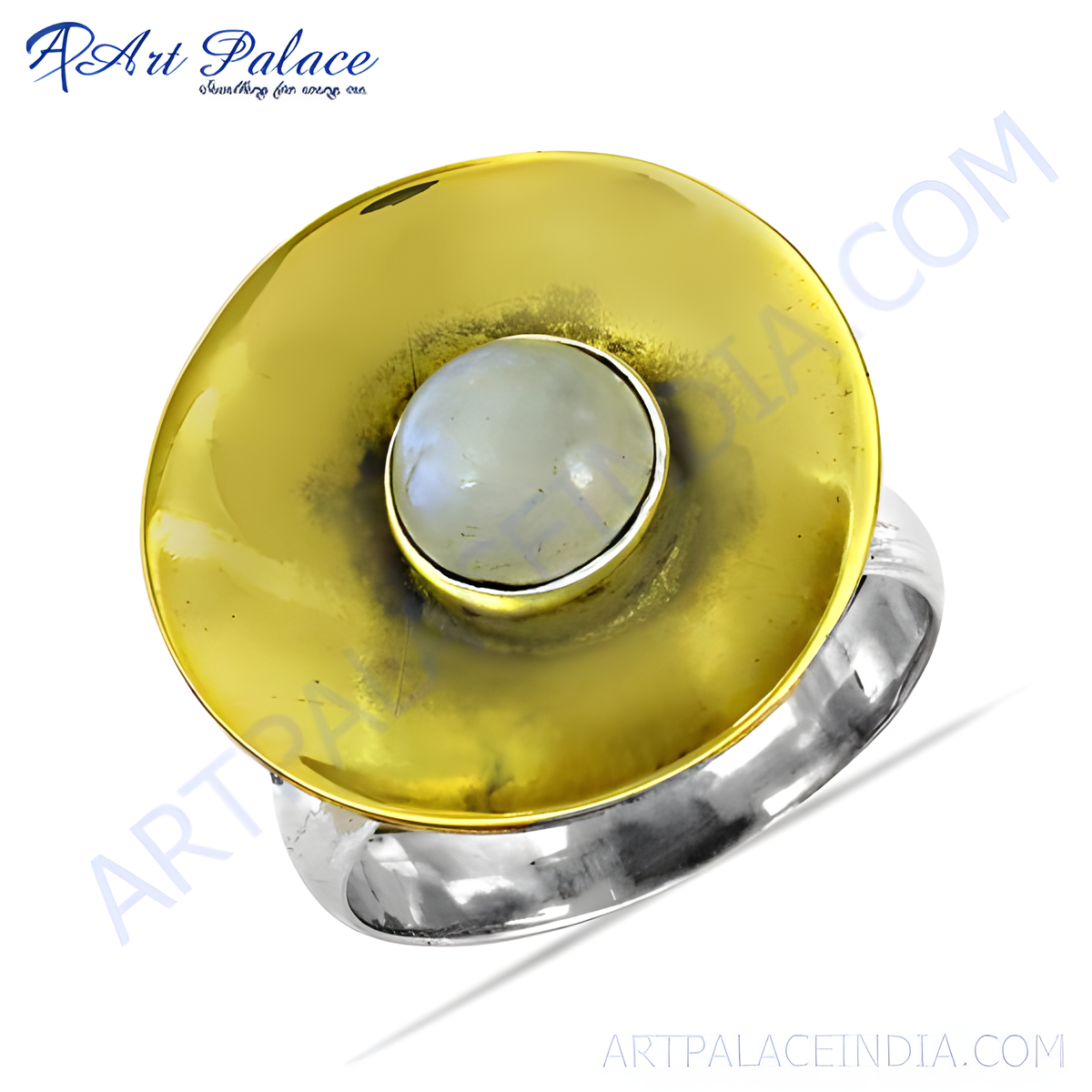 Gold plating and silver statement ring with a large, round moonstone gemstone center, elegant jewelry