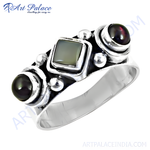 Load image into Gallery viewer, 925 sterling silver statement ring with square and round black gemstones
