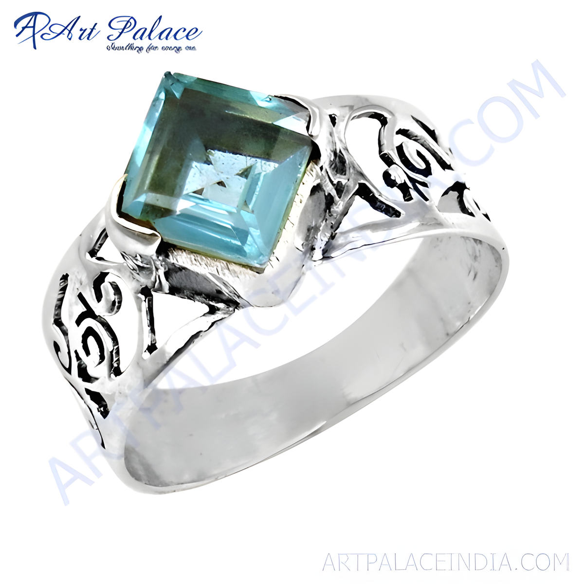 Sterling silver ring with a square cut blue topaz gemstone