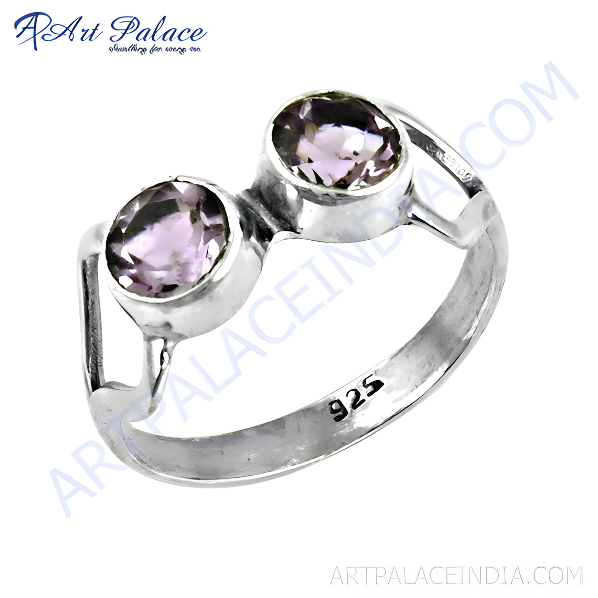 925 sterling silver amethyst ring featuring two oval shaped purple gemstones