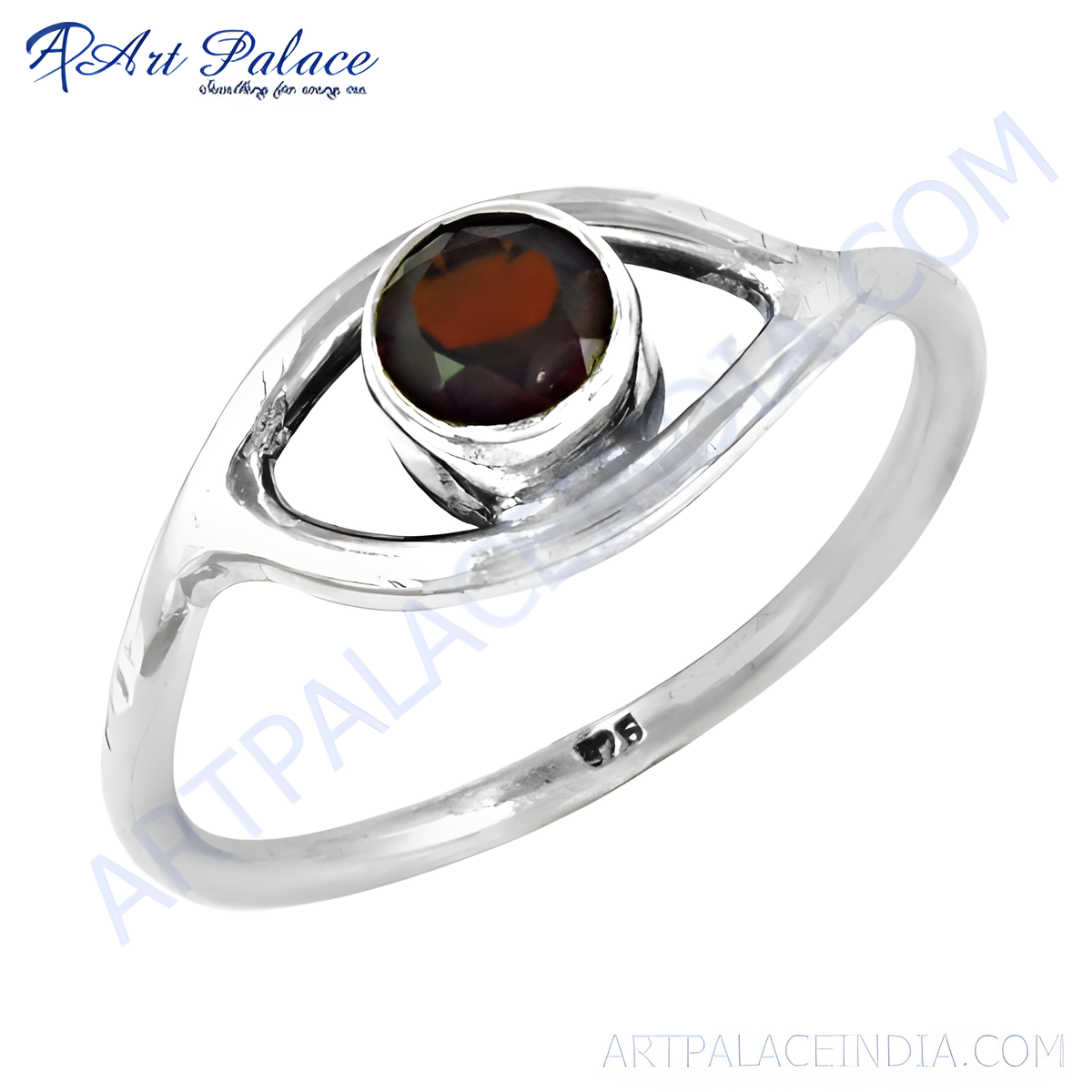 925 sterling silver ring with a round red garnet gemstone center, elegant design