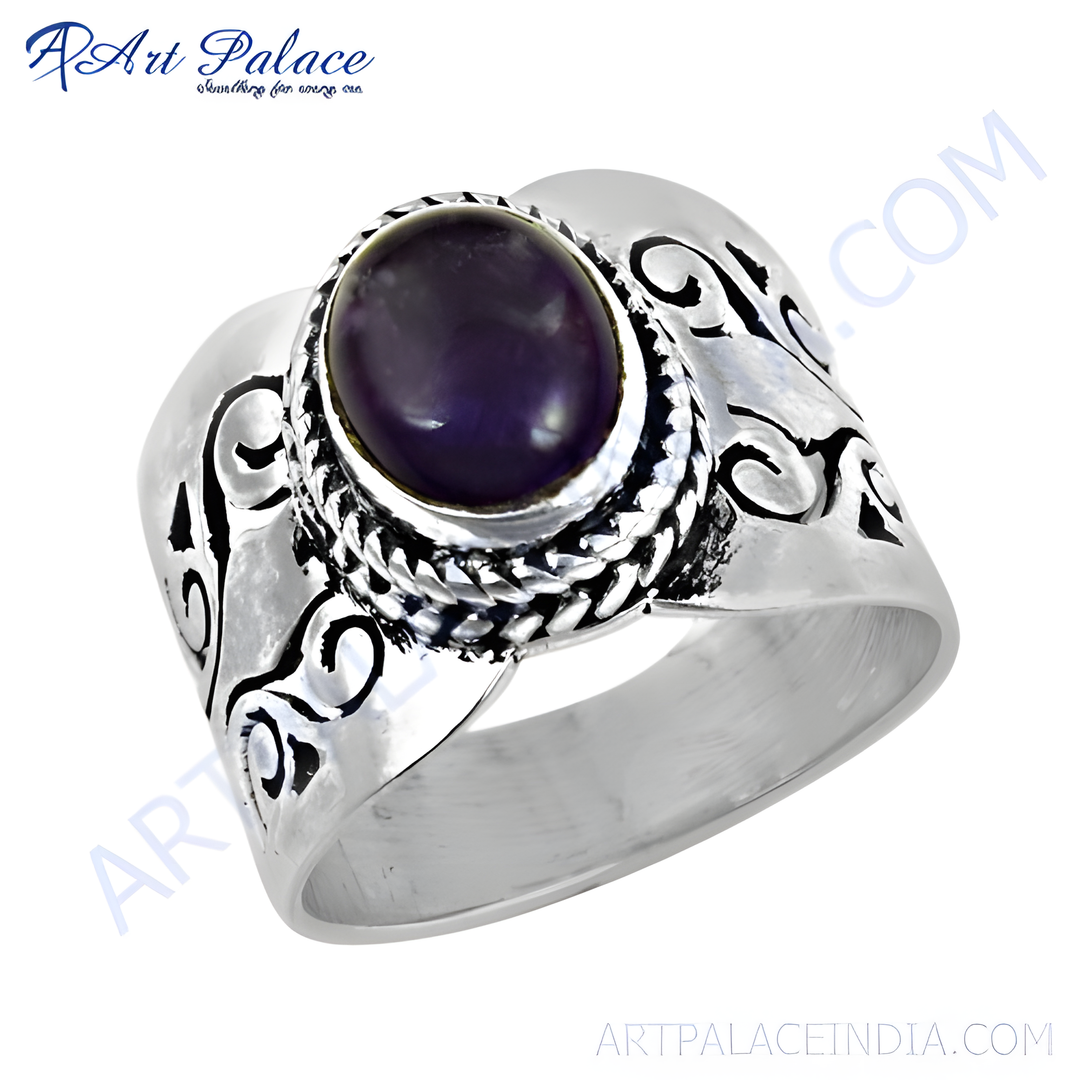 Sterling silver ring with a large oval amethyst gemstone center