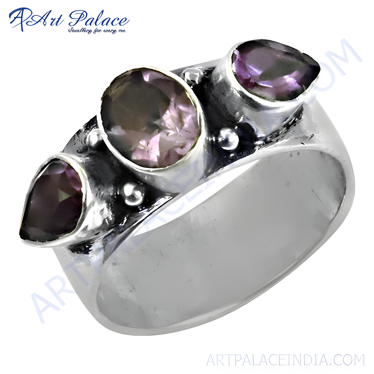 Sterling silver ring with three amethyst gemstones