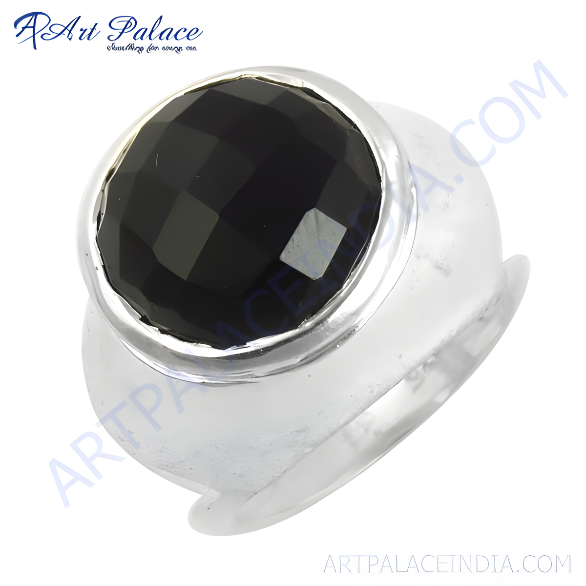 Sterling silver ring with a large, faceted black onyx gemstone