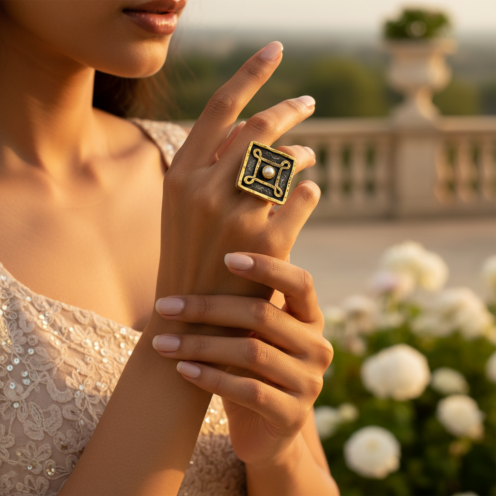 Silver Ring with Pearl | Square Design | Women's Jewelry