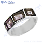 Load image into Gallery viewer, Sterling silver ring with three rectangular amethyst gemstones, purple color, for women
