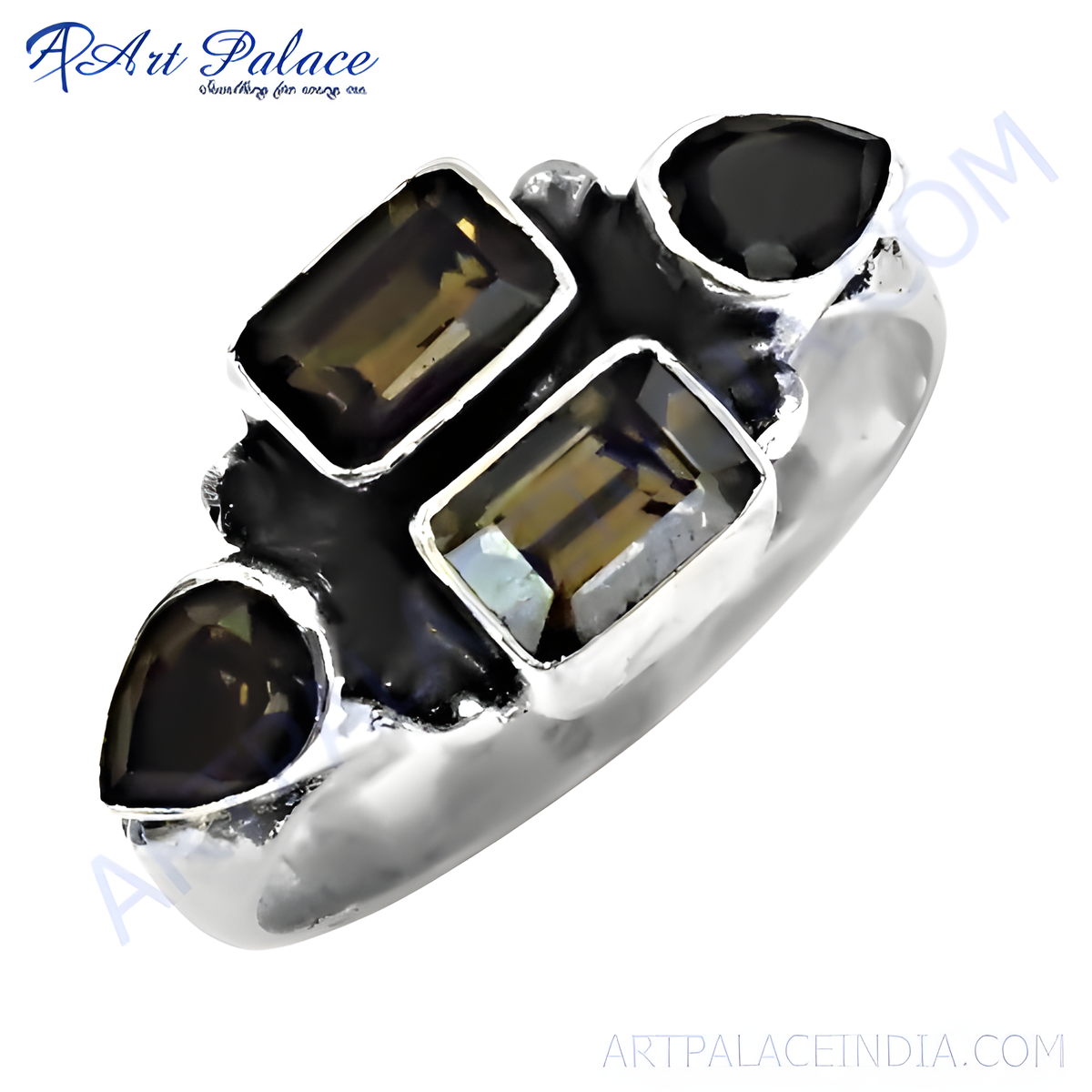 Sterling silver ring with multiple smoky quartz gemstones in a unique design