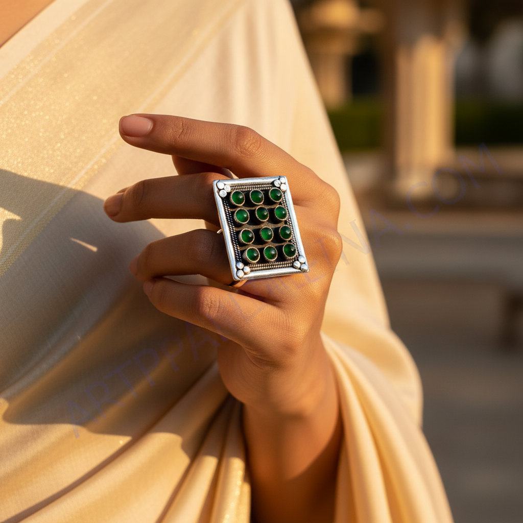 Silver Ring with Green Gemstones for Women | Statement Jewelry