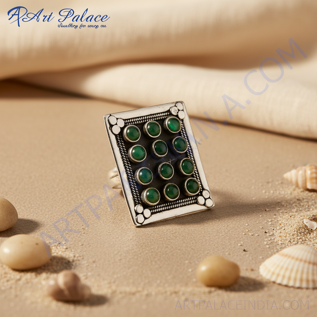 Silver Ring with Green Gemstones for Women | Statement Jewelry
