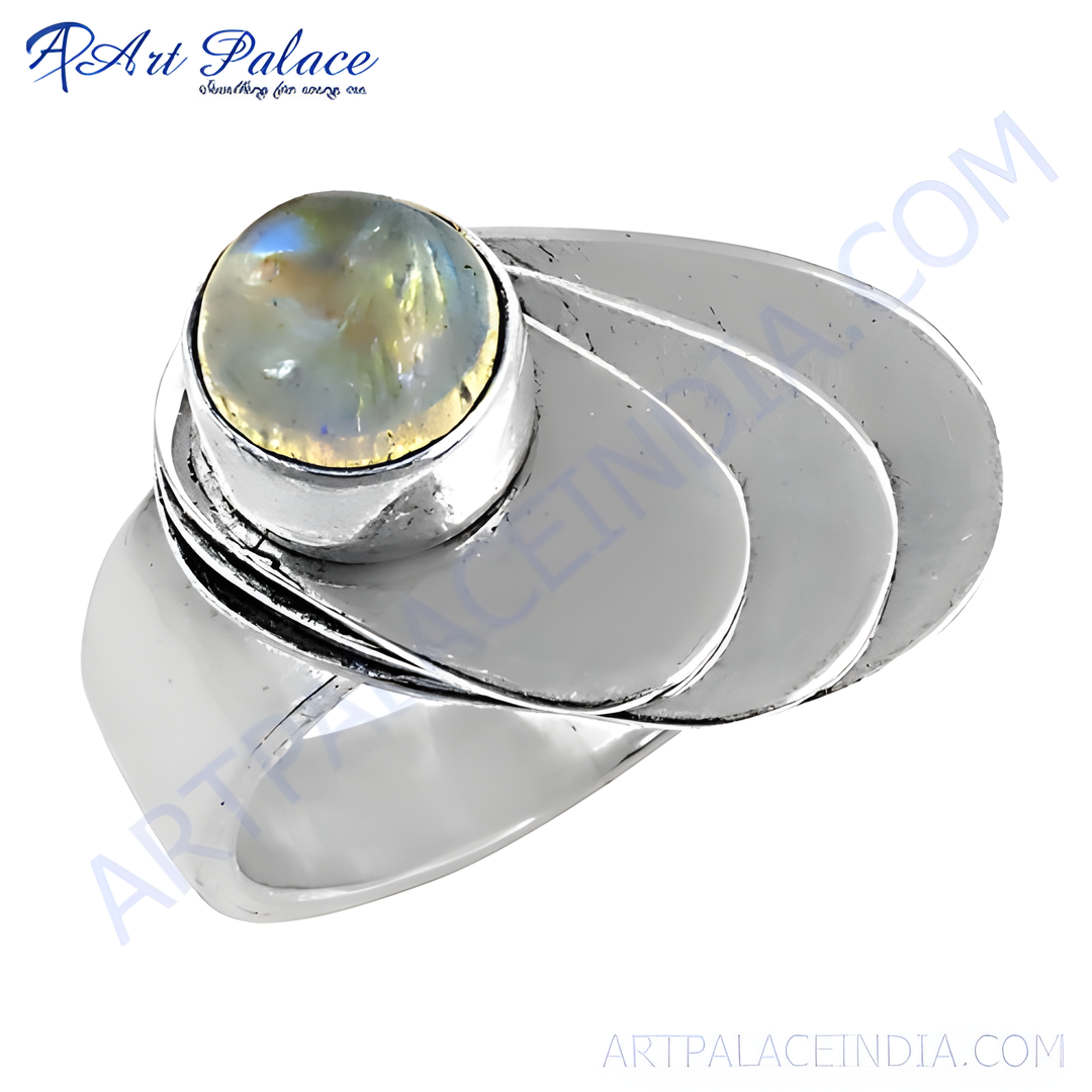 Sterling silver ring with a round moonstone gemstone center, elegant jewelry for women.