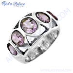 Load image into Gallery viewer, 925 sterling silver amethyst ring featuring oval and triangle-shaped purple gemstones. Women's fashion jewelry.
