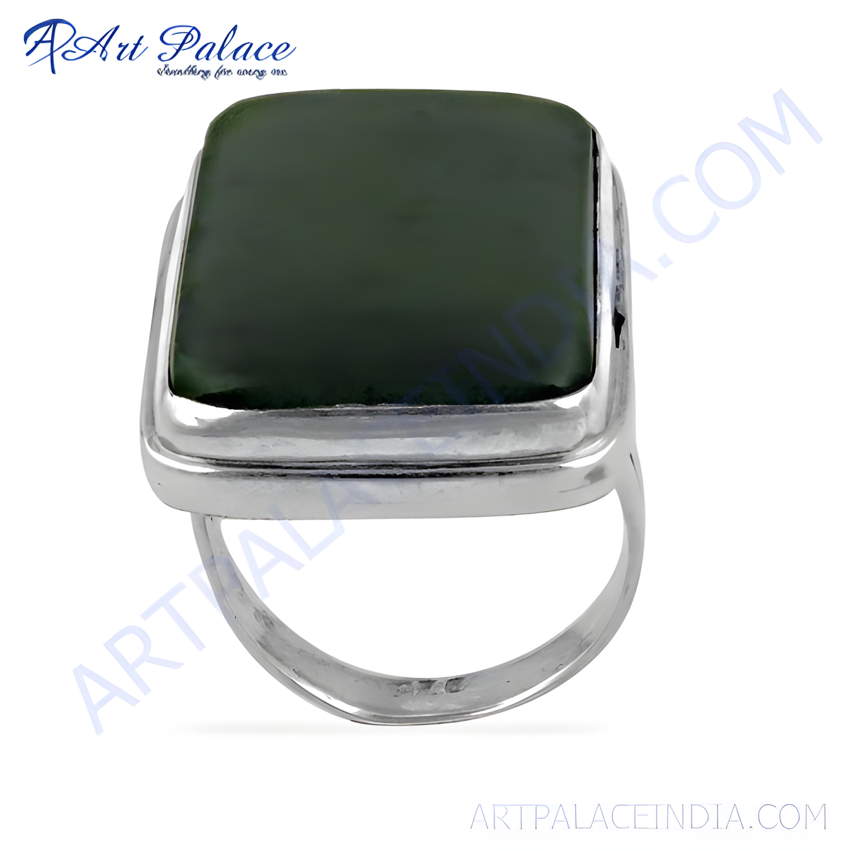 Sterling silver ring featuring a rectangular green gemstone, perfect for women's fashion jewelry