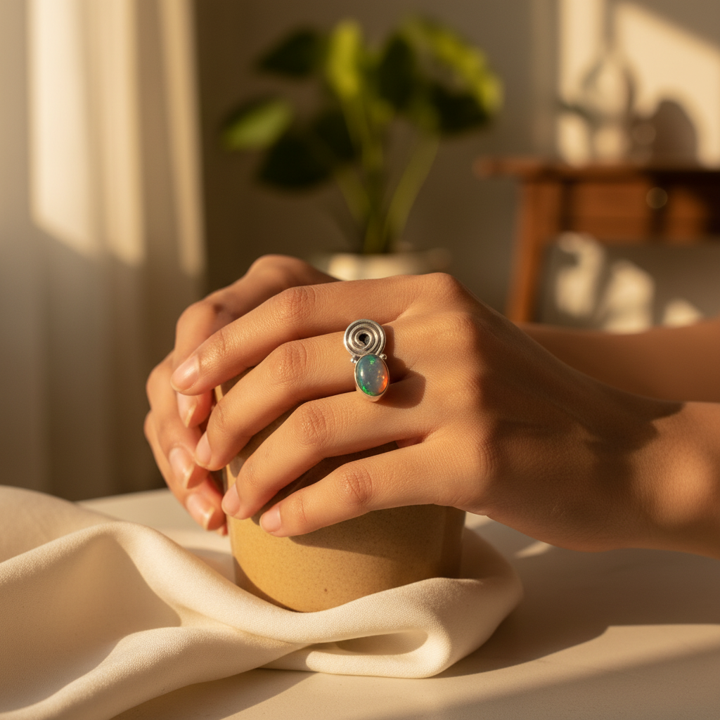 925 Silver Turquoise Stone Ring for Women | Spiral Design