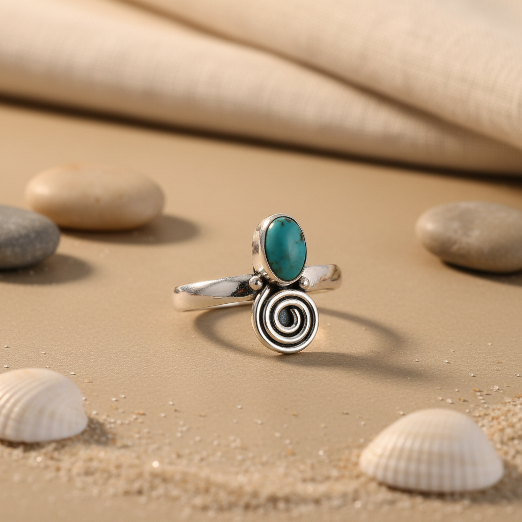 925 Silver Turquoise Stone Ring for Women | Spiral Design