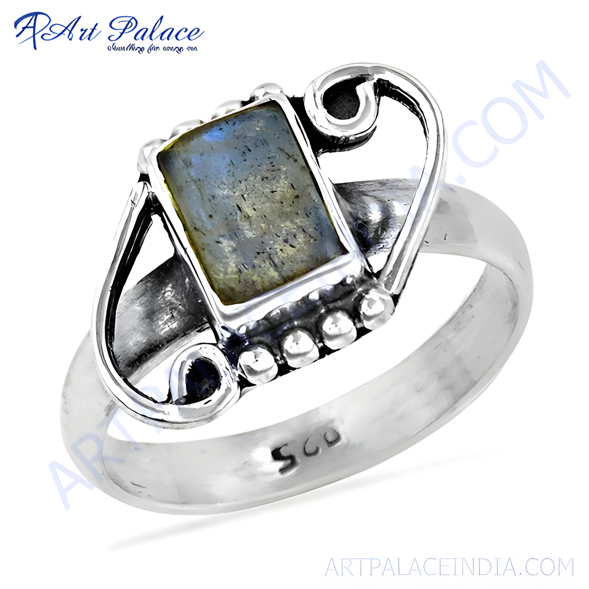 Sterling silver ring with a rectangular labradorite gemstone, showcasing a play of blue and grey colors