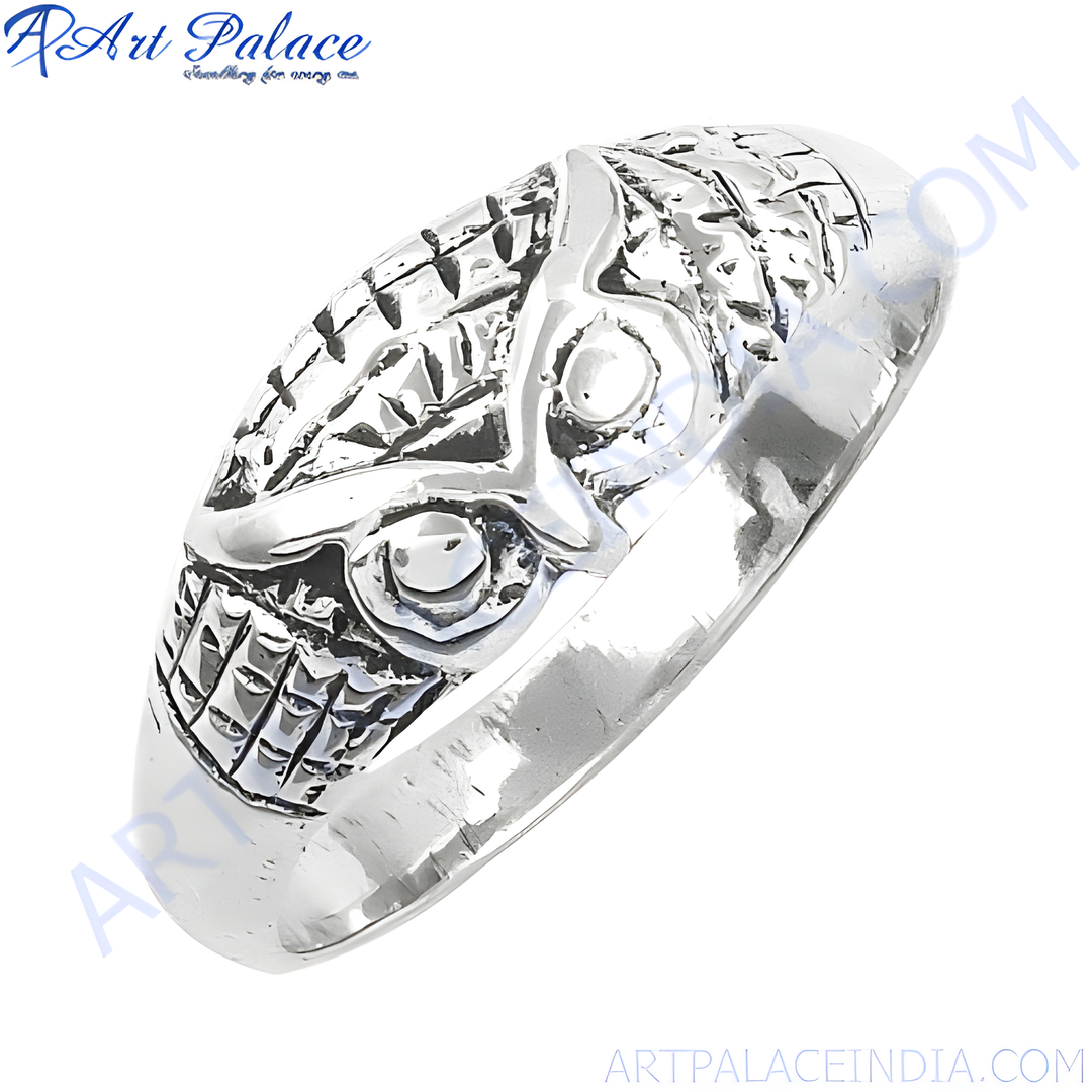 Sterling silver owl ring with detailed textured design, ideal for women