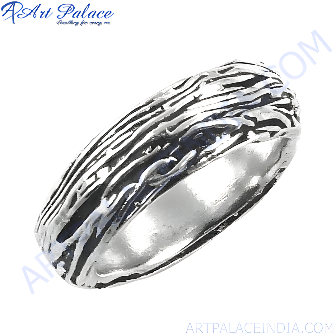 Sterling silver ring with a unique bark texture. Stylish silver band ring for men.
