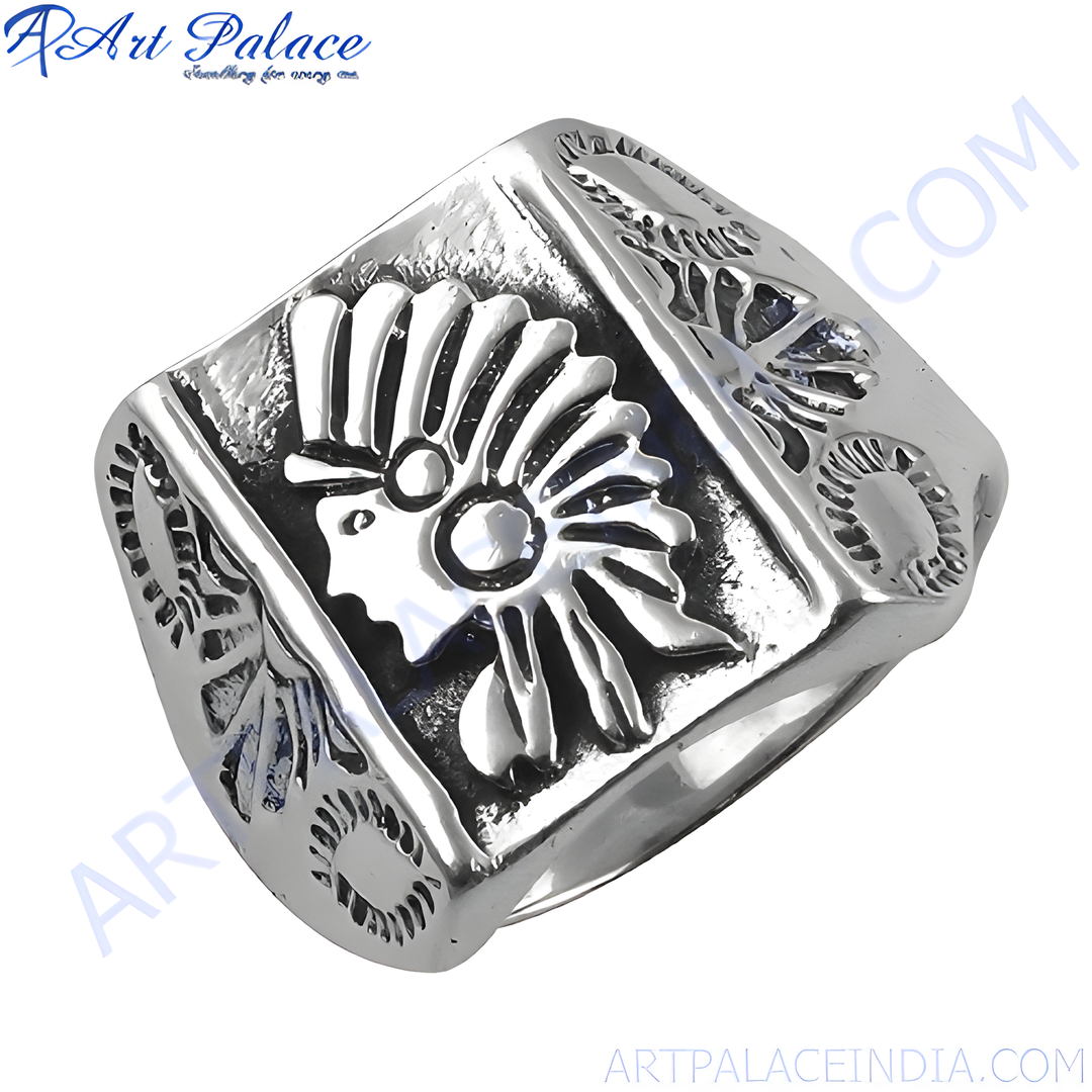 Sterling silver Native American design ring with detailed engraving and oxidized finish.