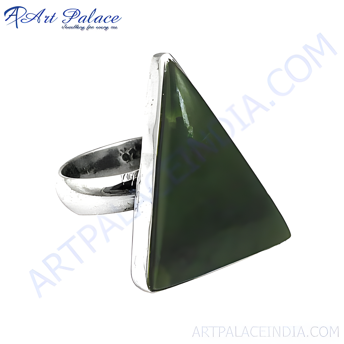 Sterling silver ring with a large, triangular green jade stone