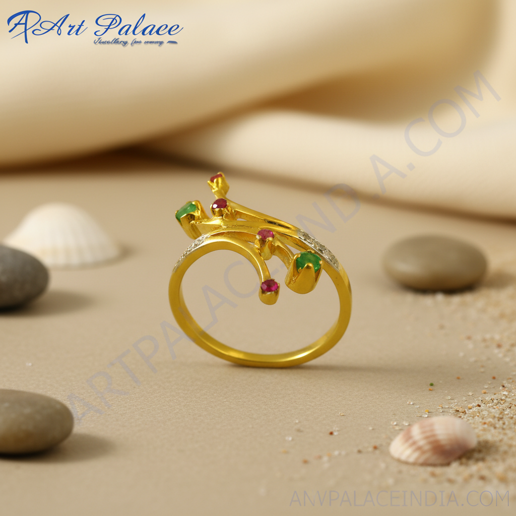 Anillo de oro con piedras preciosas de esmeralda y rubí para mujer