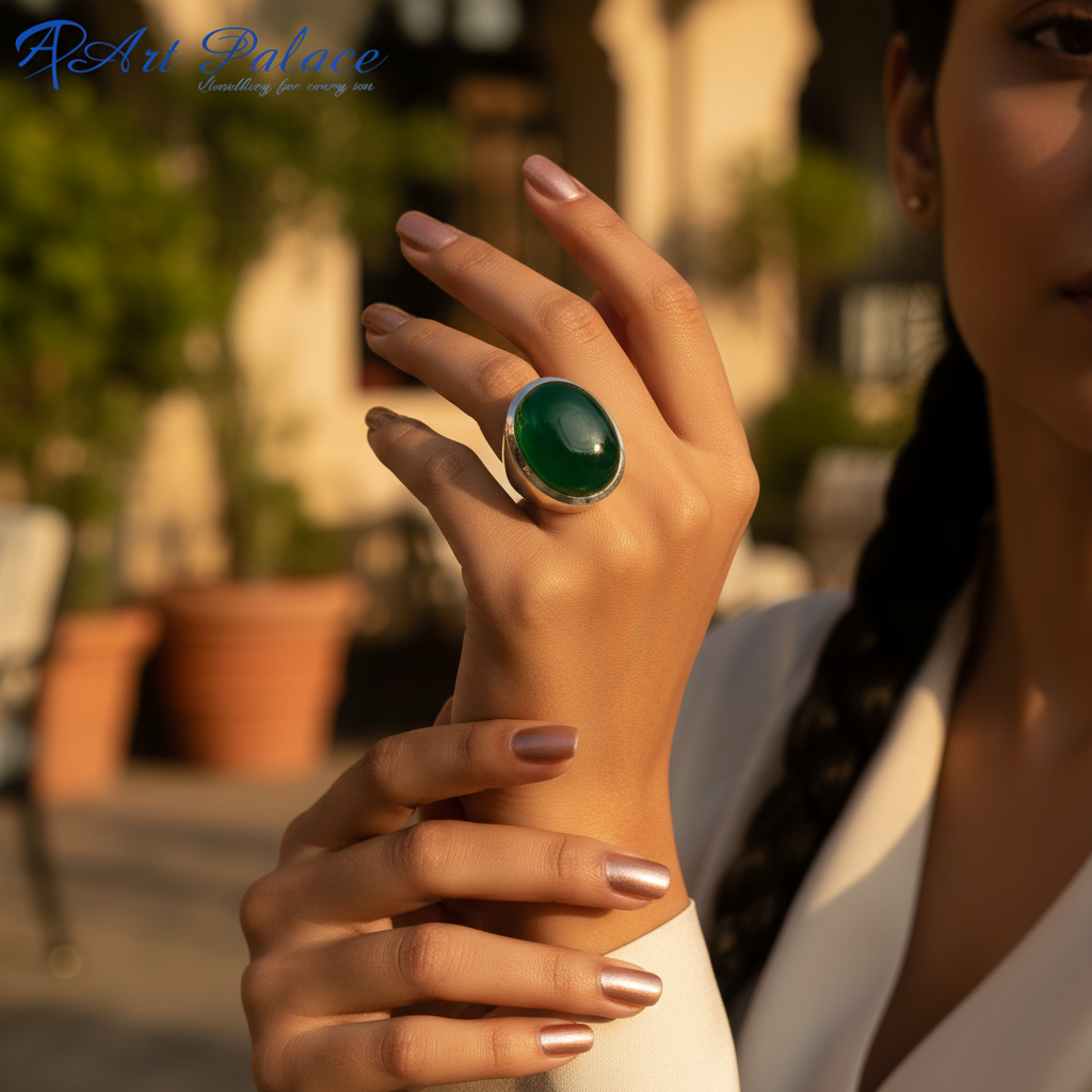Silver Ring with Green Gemstone | Cocktail Ring for Women