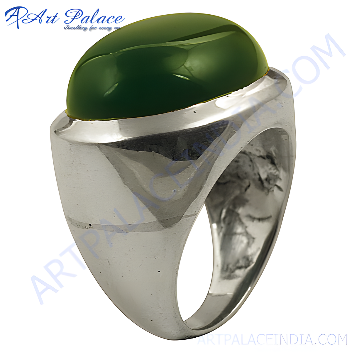Silver cocktail ring with a large, polished green gemstone