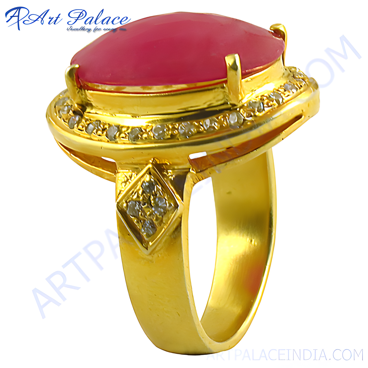 Gold plating ring with a large oval cut ruby gemstone and diamond accents, a beautiful piece of jewelry