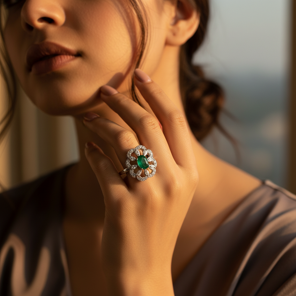 Anillo de plata con esmeralda para mujer | Diseño floral | Regalo