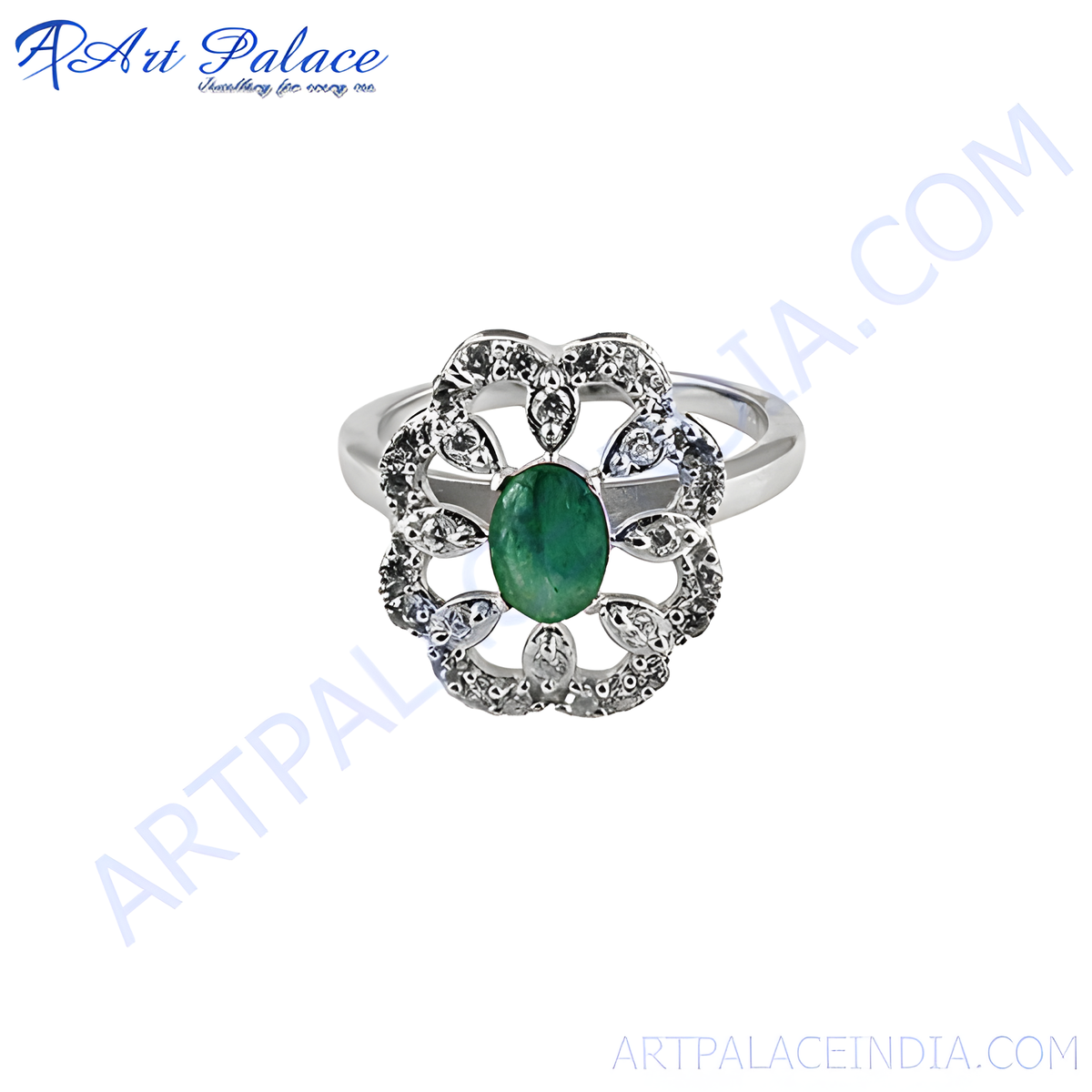 Sterling silver floral ring with a green emerald gemstone center, perfect for women's fashion jewelry
