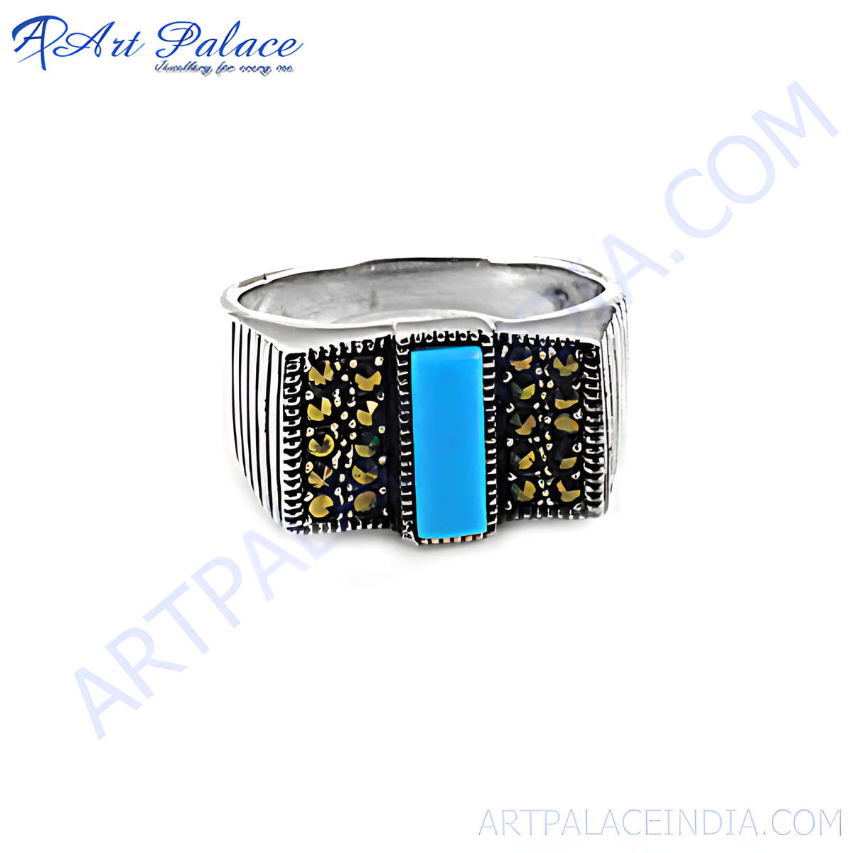 925 sterling silver men's signet ring with a rectangular turquoise center stone and marcasite accents