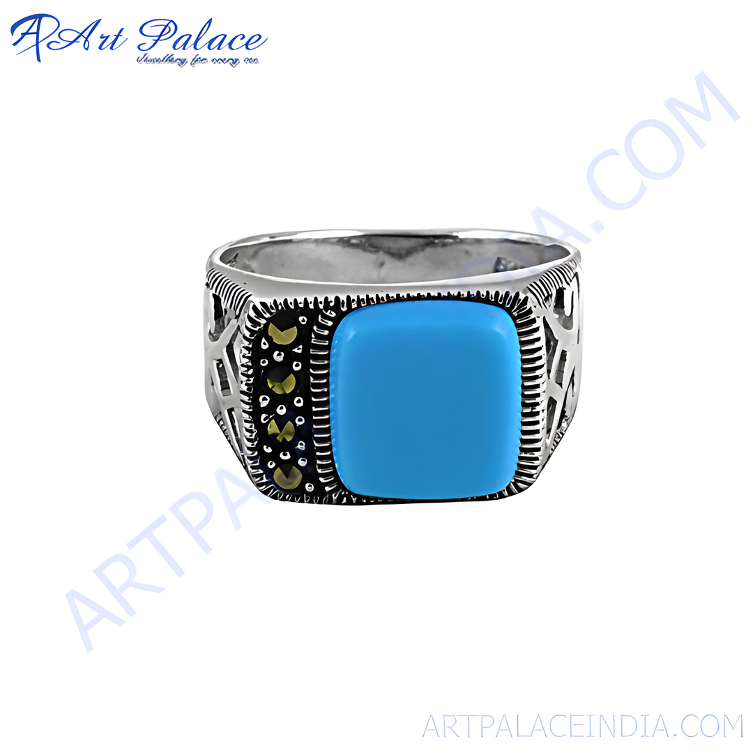 Sterling silver signet ring with square turquoise stone center for men.