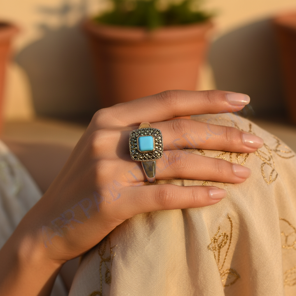 Silver Turquoise Ring with Marcasite for Women | Statement Ring