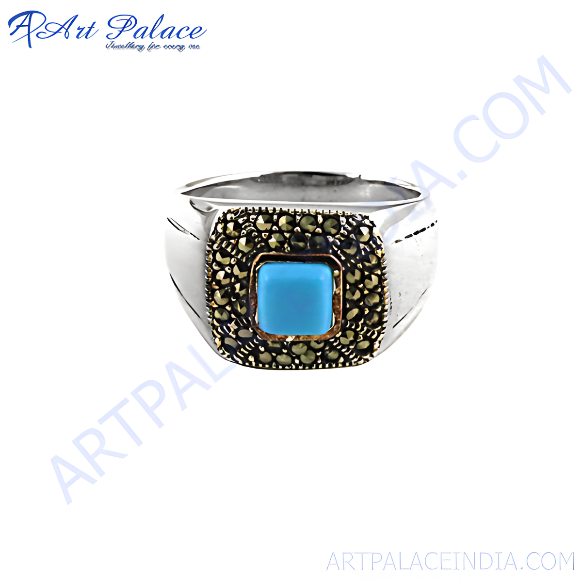 Sterling silver ring with a square turquoise gemstone center surrounded by marcasite stones