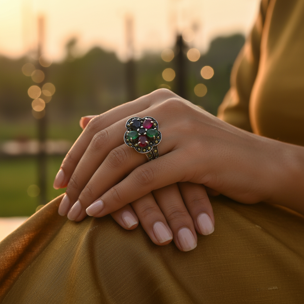 925纯银宝石戒指，女士款 | 花朵设计