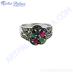 将图像加载到图库查看器中， Sterling silver ring with a flower design featuring red and green gemstones and marcasite detailing

