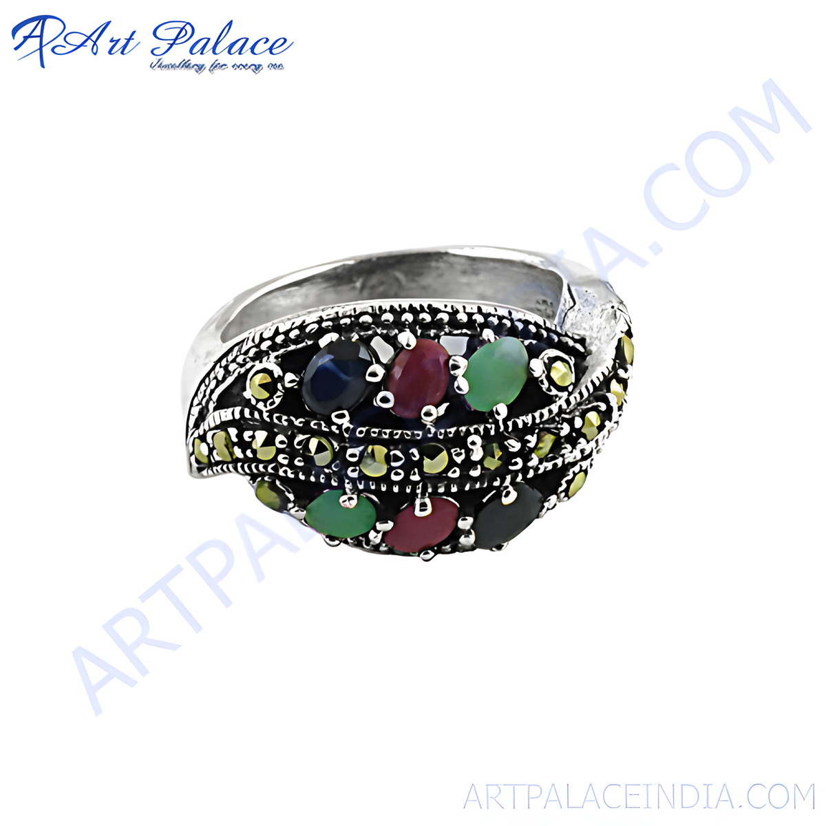 Sterling silver gemstone ring featuring a mix of colorful oval cut gemstones in a detailed design