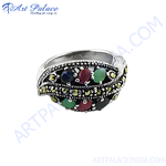 将图像加载到图库查看器中， Sterling silver gemstone ring featuring a mix of colorful oval cut gemstones in a detailed design.

