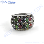 将图像加载到图库查看器中， Silver cocktail ring with colorful gemstones. Fashion jewelry for women.
