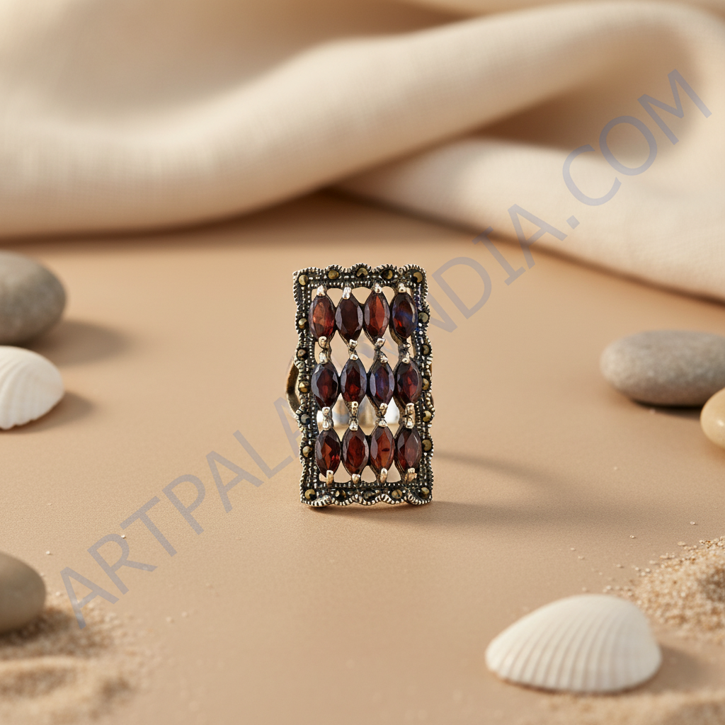 Anillo rectangular de granate y marcasita | anillo de plata de ley 925