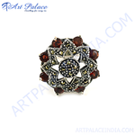 Load image into Gallery viewer, Sterling silver flower ring with round garnet gemstones, black and silver color
