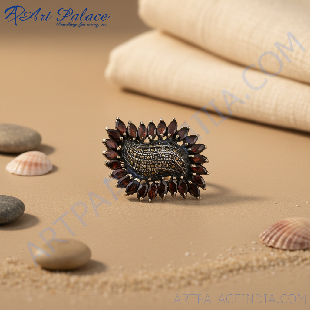 Anillo de granate y marcasita | plata de ley 925 | para mujer