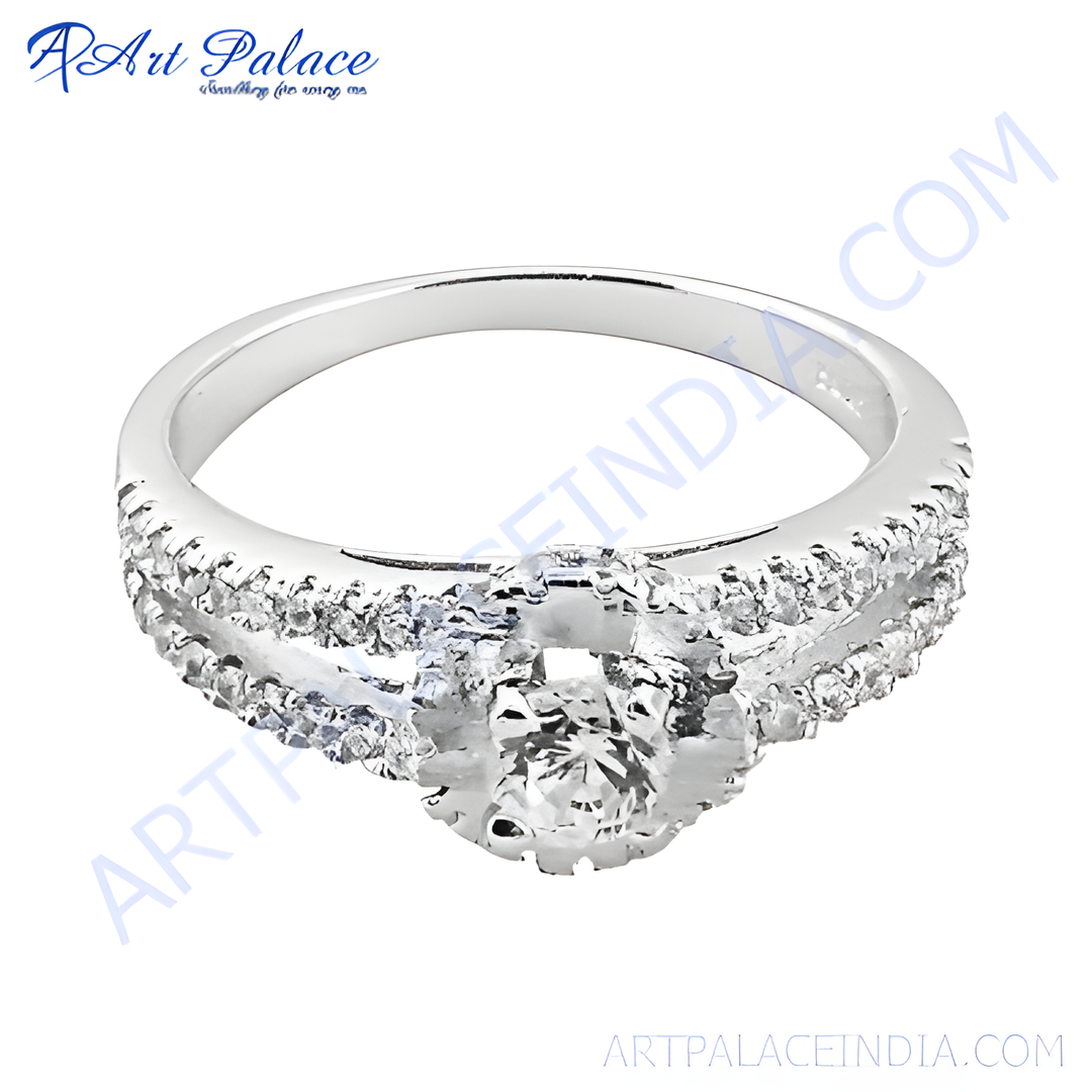 Elegant silver ring with a sparkling diamond center stone for women. Ideal engagement ring or gift.