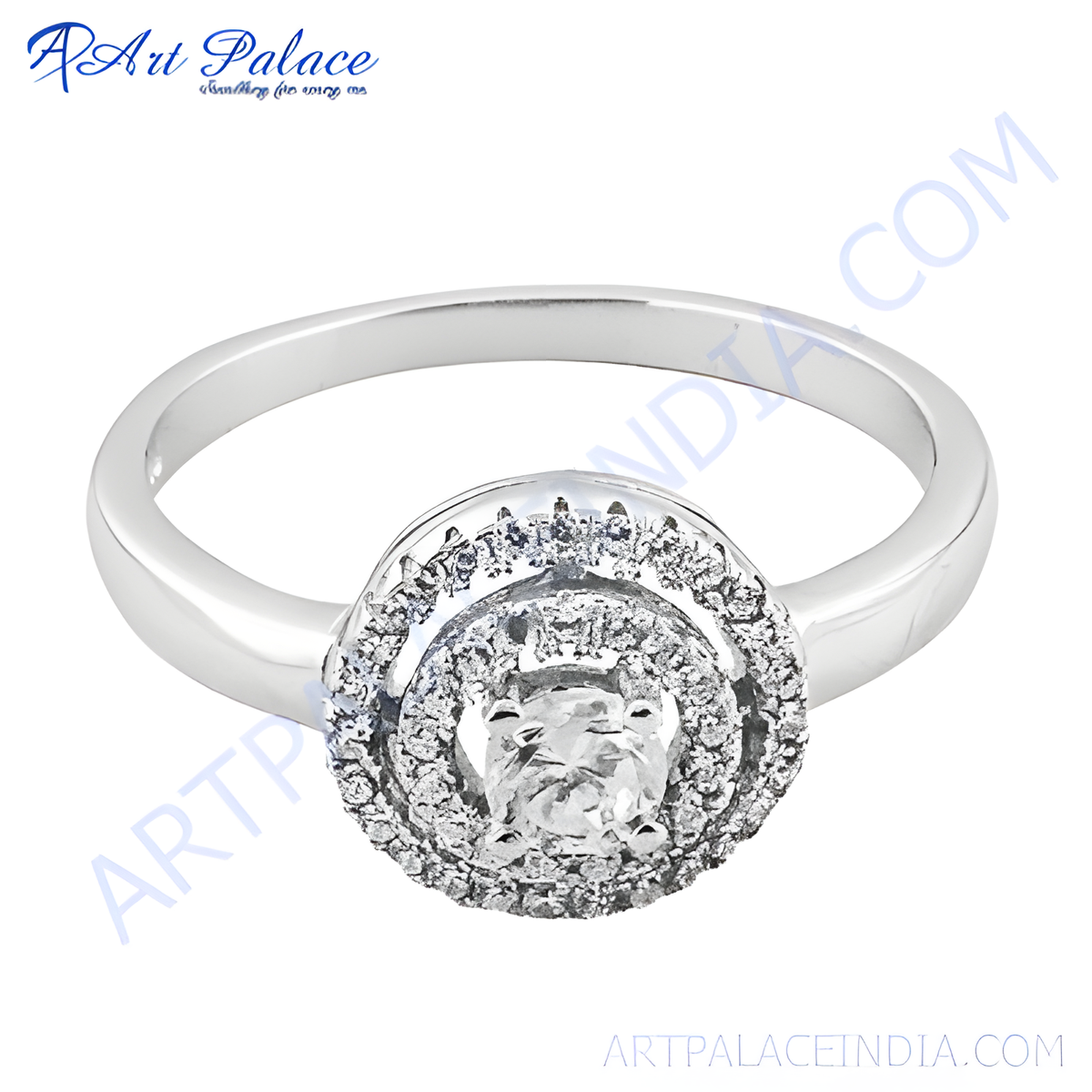 Sterling silver halo diamond ring, featuring a round brilliant cut diamond center stone