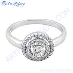 Load image into Gallery viewer, Sterling silver halo diamond ring, featuring a round brilliant-cut diamond center stone.
