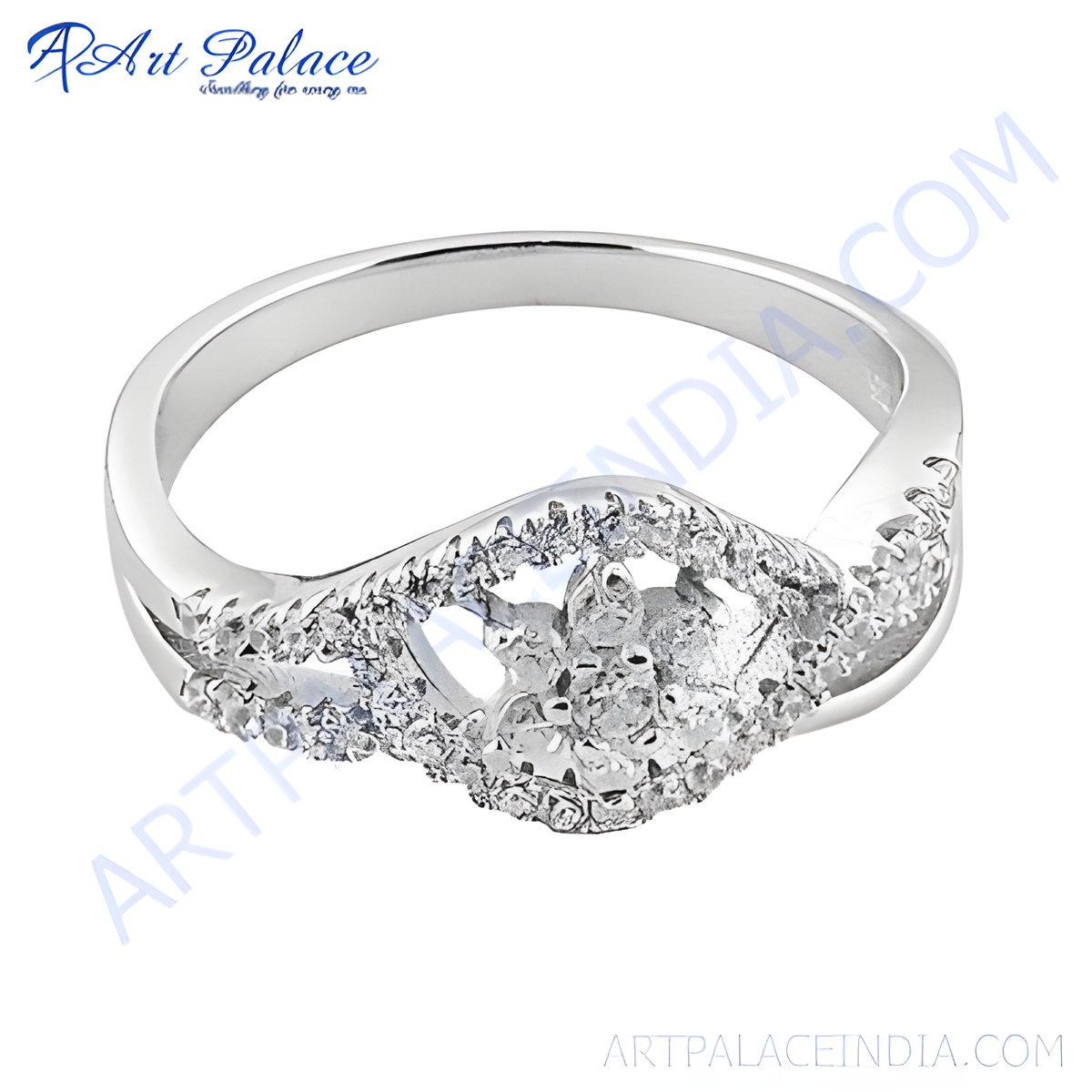 Silver diamond ring with a dazzling diamond center stone and intricate details, a perfect engagement ring