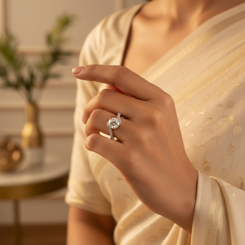 Anillo de compromiso solitario de plata | diamante de talla redonda | para mujer