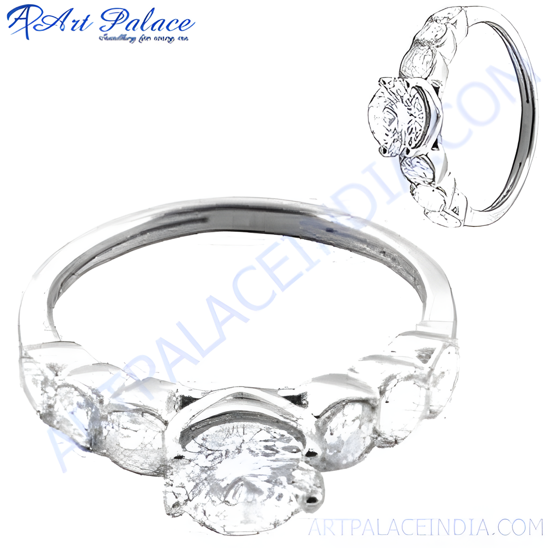 925 sterling silver ring with sparkling CZ stones. Features a central stone and side stones. Elegant and classic design.