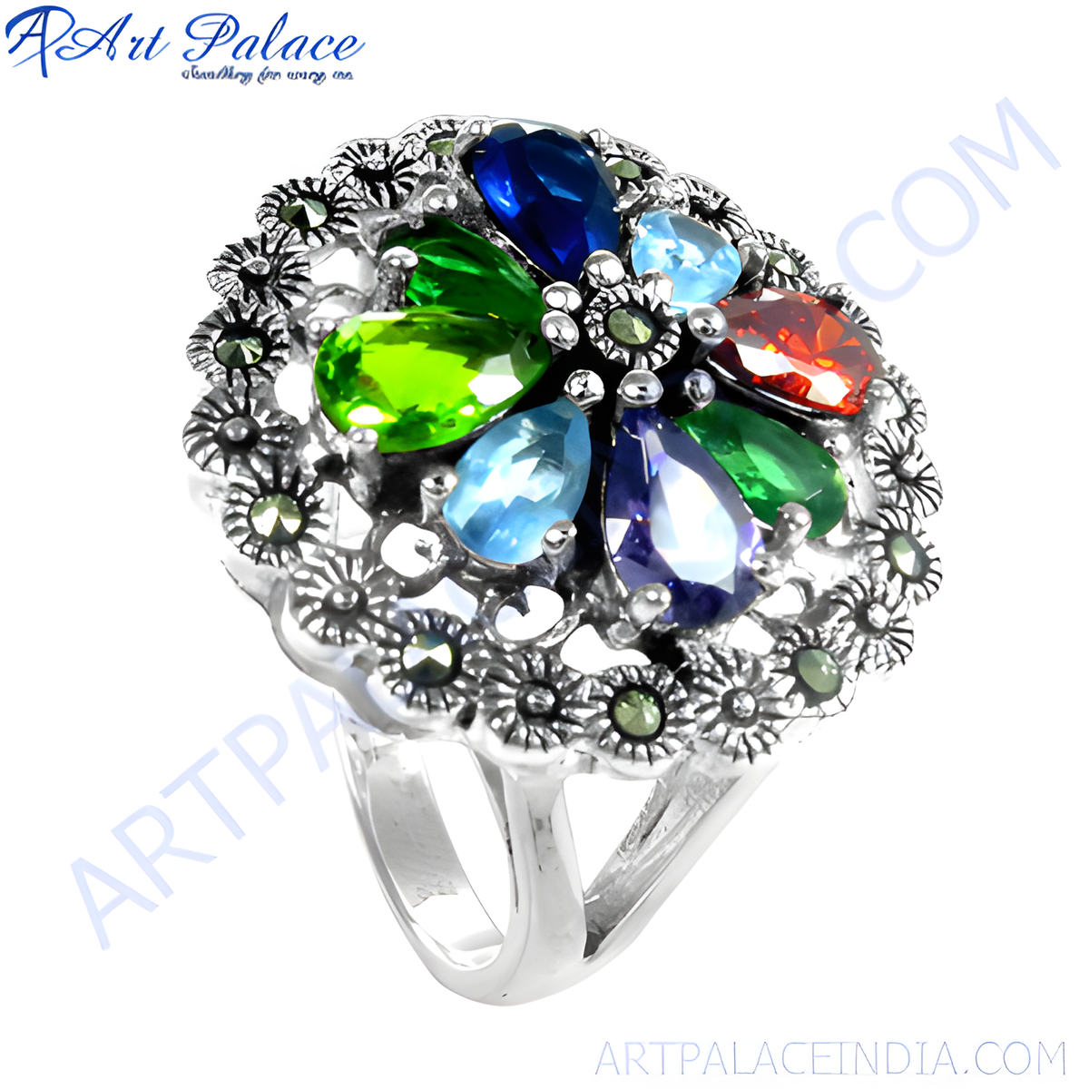Sterling silver flower ring with a variety of colorful gemstones and marcasite accents